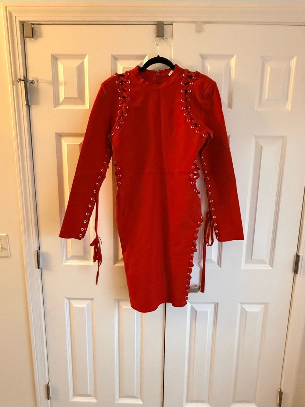 Fashion Nova Red Lace-Up Long Sleeve Mini Dress